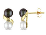 5.5-6 mm Black and White Cultured Freshwater Pearl Earrings in 10K Yellow Gold